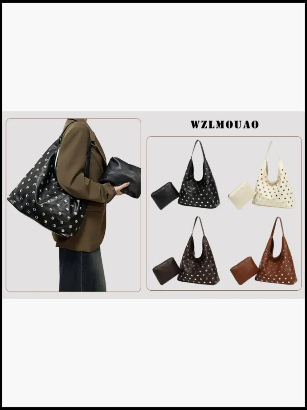 Studded Hobo Bag Vegan Leather Tote Purse Soft Slouchy Shoulder Bag